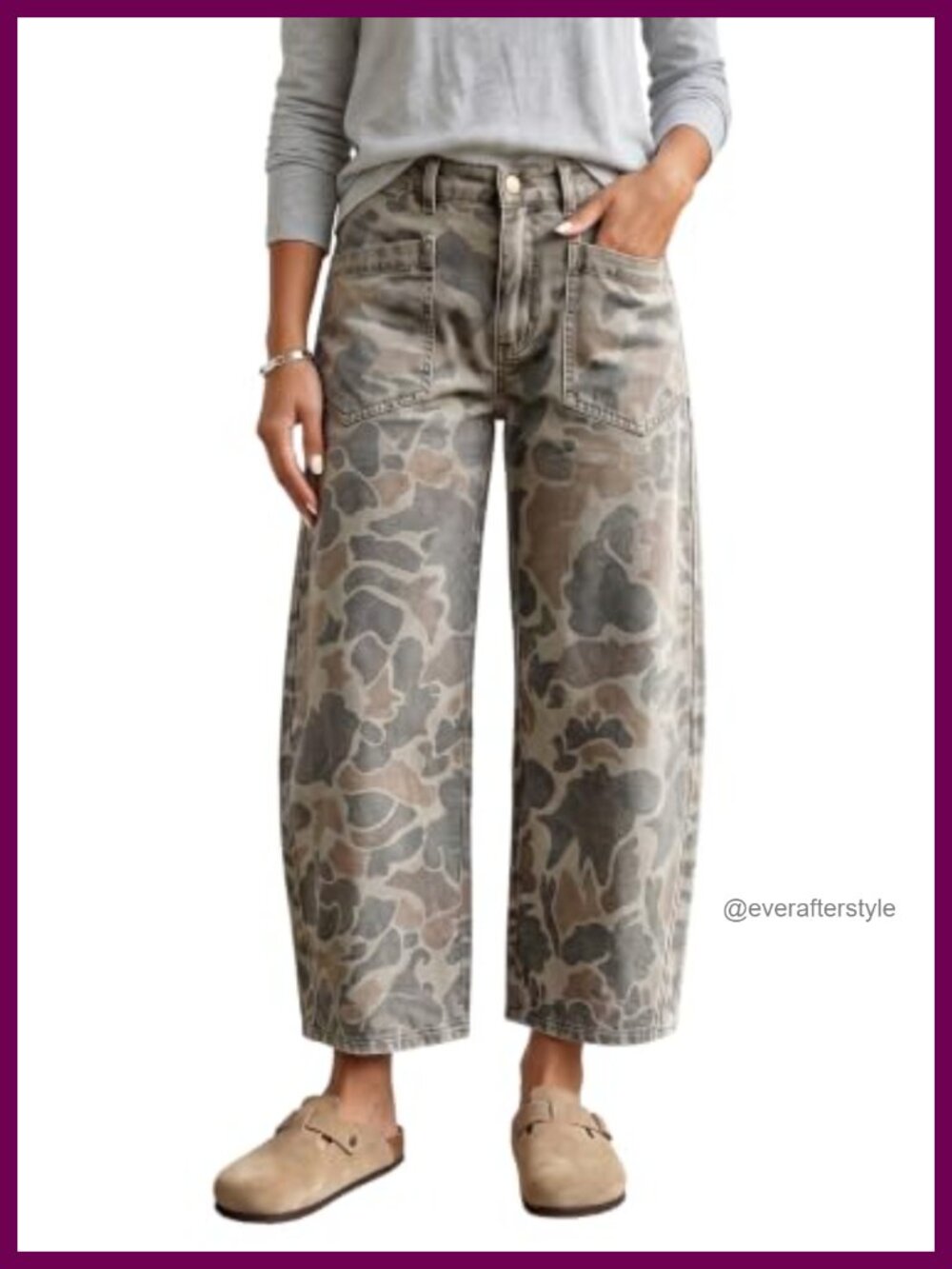 Camo Denim Harem Jeans Ankle Length Relaxed Fit Pants with Pockets